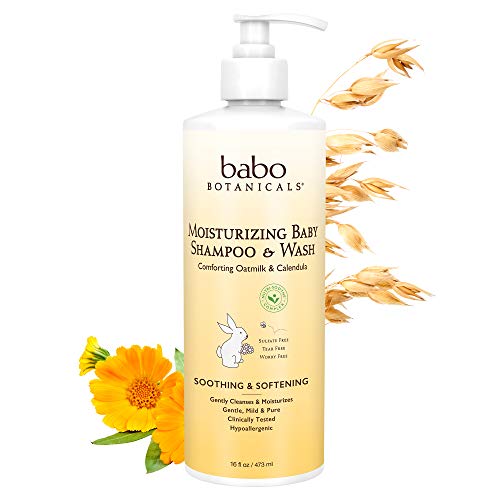 Babo Botanicals Moisturizing Plant-Based 2-in-1 Shampoo and Wash - with Organic Calendula and Oat Milk - For Babies, Kids and Adults with Sensitive or Dry Skin and Scalp - Hypoallergenic and Vegan - 16 fl. oz.