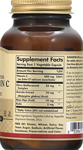 Solgar Ester-C Plus 500 mg Vitamin C (Ascorbate Complex) - Gentle and Non Acidic - Antioxidant and Immune Support - 100 Vegetable Capsules (100 Servings)