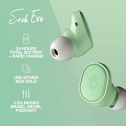 Skullcandy Sesh Evo True Wireless In-Ear Bluetooth Earbuds Compatible with iPhone and Android / Charging Case and Microphone / Great for Gym, Sports, and Gaming IP55 Water Dust Resistant - Mint Green