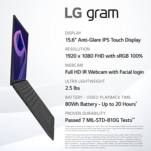 LG gram (2022) 15Z90Q Ultra Lightweight Laptop, 15' (1920 x 1080) IPS Display, Intel 12th Gen i7 1260P Processor, 32GB LPDDR5, 1TB NVMe SSD, FHD Webcam, WiFi 6E, Thunderbolt 4, Windows 11, Black
