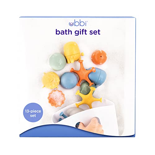 Ubbi Bath Time Essential Gift Set, Includes Drying Bin and 12 Water Toys for Toddler Bath Time Play, Baby Bath Accessory, Muted Blue