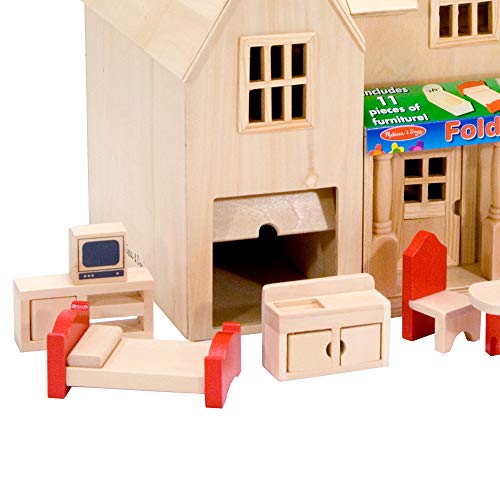 Melissa and Doug Fold and Go Wooden Dollhouse With 2 Play Figures and 11 Pieces of Furniture