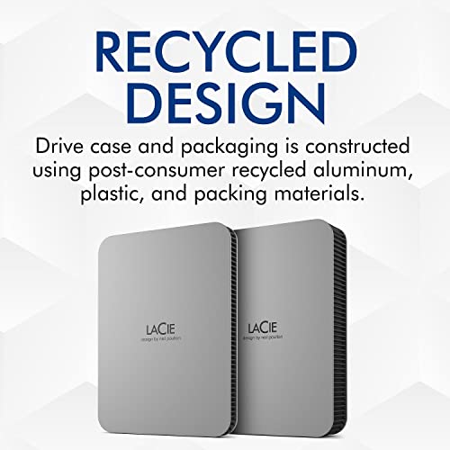 LaCie Mobile Drive 4TB External Hard Drive Portable HDD - Moon Silver, USB-C 3.2, for PC and Mac, Post-Consumer Recycled, with Adobe All Apps Plan and Rescue Services (STLP4000400)