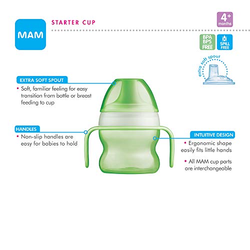 MAM Starter Cup (1 Count), MAM Sippy Cup, Drinking Cup with Extra-Soft Spill-Free Spout and Non-Slip Handles, for Boys 4+ Months, Five Ounces, Blue