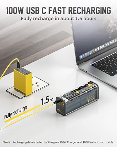 Shargeek Portable Charger, Storm 2 100W 25600mAh Laptop Power Bank, World's First See Through Battery Pack with IPS Screen, DC and 2 USB C and USB Ports for MacBook Pro/Dell XPS, iPad/iPhone 13 and More