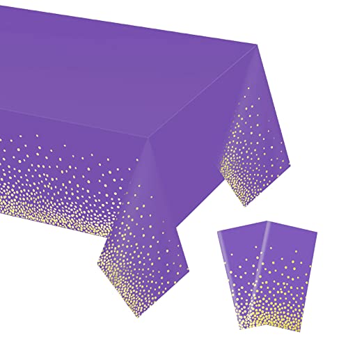 Gexolenu 2 Pack Premium Purple and Gold Disposable Plastic Tablecloth for Rectangle Tables(54' x 108'), Disposable Waterproof Table Cover for Birthday, Graduation, Gold Table Cloths Party Supplies