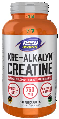 NOW Sports Nutrition, Kre-Alkalyn Creatine 750 mg, Mass Building*/Energy Production*, 240 Veg Capsules