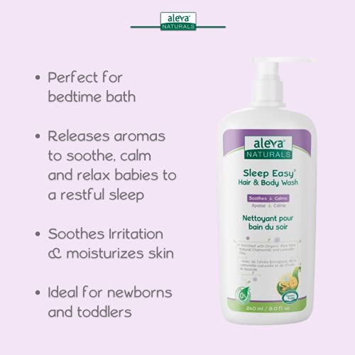 Aleva Naturals Hypoallergenic Sleep Easy Baby Hair and Body Wash for Kids and Toddlers, Plant-Based Organic Aloe Vera Formula with Lavender Scent, Gentle on Eyes and Sensitive Skin - 8 Fl Oz
