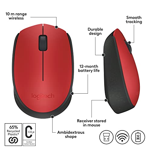 Logitech M170 Wireless Mouse for PC, Mac, Laptop, 2.4 GHz with USB Mini Receiver, Optical Tracking, 12-Months Battery Life, Ambidextrous - Red