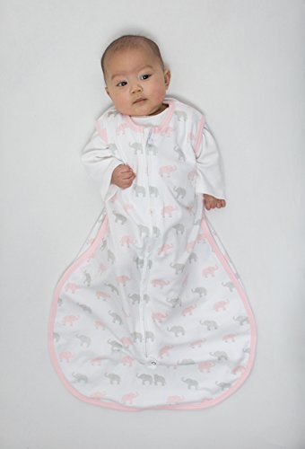 Amazing Baby Cotton Sleeping Sack, Wearable Blanket with 2-way Zipper, Pastel Pink + Gray Tiny Elephants, Medium (6-12 mo)