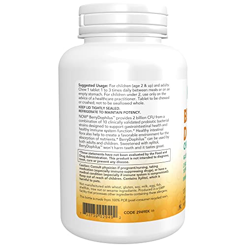 NOW Supplements, BerryDophilus™ with 2 Billion, 10 Probiotic Strains, Xylitol Sweetened, Strain Verified, 120 Chewables, packaging may vary