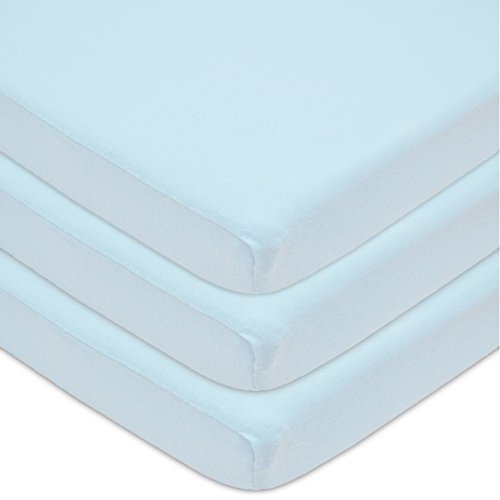 American Baby Company 100% Natural Cotton Value Jersey Knit Fitted Portable/Mini-Crib Sheet, Blue, 24' x 38' x 5', Soft Breathable, for Boys and Girls, Pack of 3