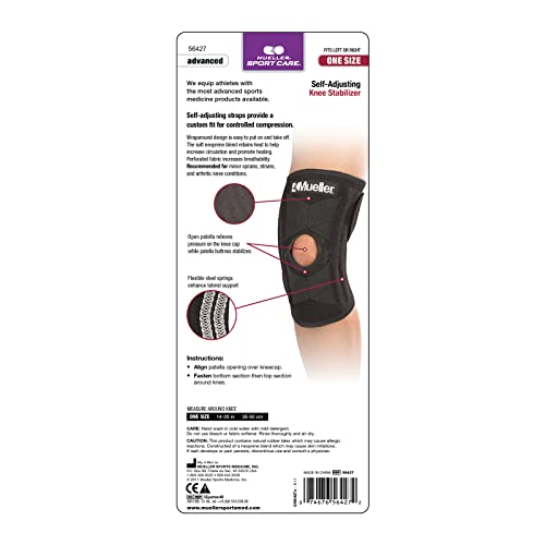 Mueller Sports Medicine Self Adjusting Adult Knee Support Braces for Knee Pain with Side Stabilizers for Men and Women, Black, 14 - 20 Inches, One Size Fits Most