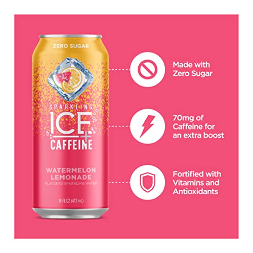 Sparkling Ice +Caffeine Watermelon Lemonade Sparkling Water, Zero Sugar, with Antioxidants and Vitamins, Zero Sugar, 16 fl oz Cans (Pack of 12)