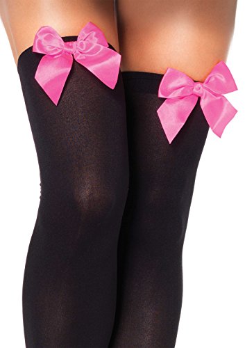 Leg Avenue Women's Satin Bow Accent Thigh Highs, Black/Neon Pink, One Size