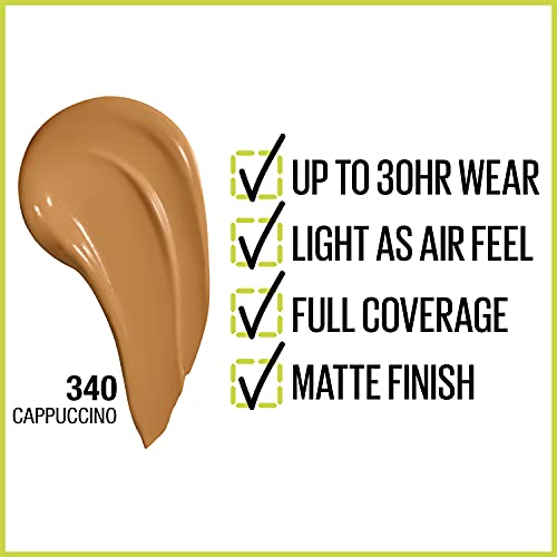 Maybelline Super Stay Full Coverage Liquid Foundation Active Wear Makeup, Up to 30Hr Wear, Transfer, Sweat and Water Resistant, Matte Finish, Cappuccino, 1 Count