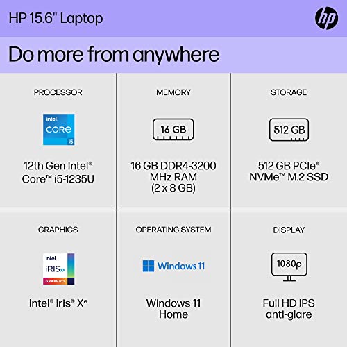 HP 15 inch Laptop, FHD Display, 12th Gen Intel Core i5, 16 GB RAM, 512 GB SSD, Intel Iris Xe Graphics, Windows 11 Home, 15-dy5399nr (2023)