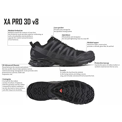 Salomon XA PRO 3D V8 Trail Running Shoes for Men, Black/Black/Magnet, 7.5