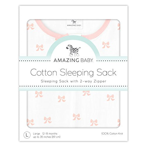 Amazing Baby Cotton Sleeping Sack, Wearable Blanket with 2-way Zipper, Pastel Pink Tiny Bows, Large (12-18mo)