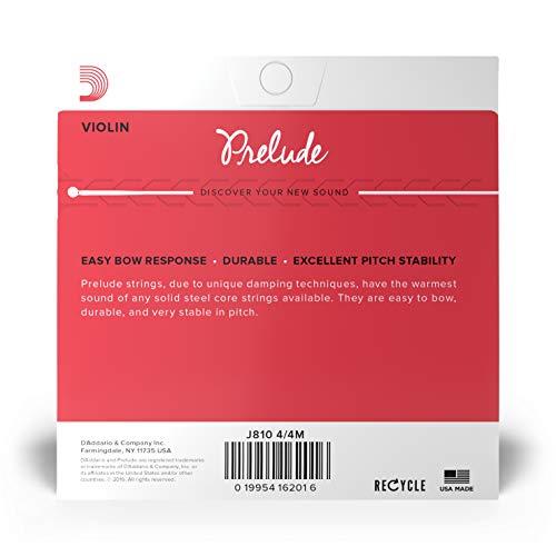 D’Addario Prelude Violin String Set, 4/4 Scale Medium Tension – Solid Steel Core, Warm Tone, Economical and Durable – Educator’s Choice for Student Strings – Sealed Pouch to Prevent Corrosion, 1 Set