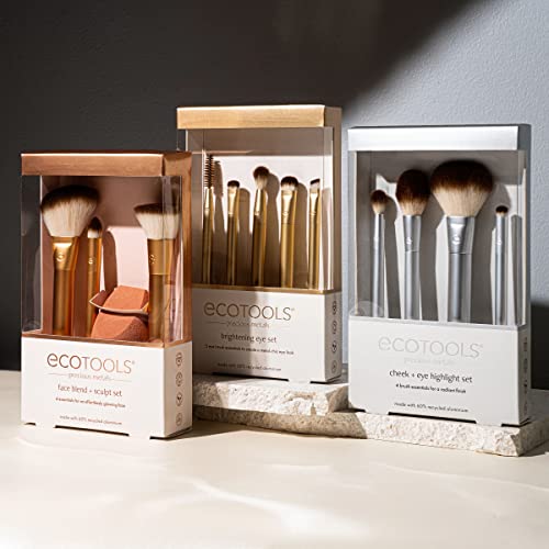 EcoTools Precious Metals Face Blend and Sculpt Set, Makeup Brush Kit, Foundation Brush, Ecofriendly Makeup Brush Kit, Recycled Aluminum, Chrome, Precision, 4 Piece Set