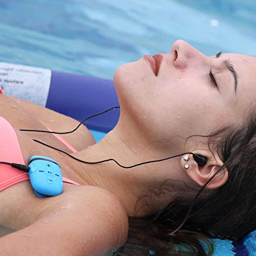 Sewobye Waterproof MP3 Player for Swimming, Waterproof Headphones with Short Cord, mp3 Waterproof Swimming Underwater 3 Meter, Shuffle Feature (Blue)