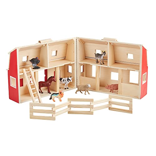 Melissa and Doug Fold and Go Wooden Barn With 7 Animal Play Figures - Farm Animals Portable Toys For Kids And Toddlers Ages 3+