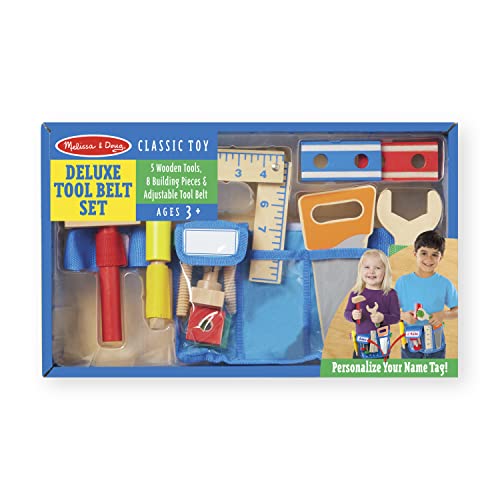 Melissa and Doug Deluxe Tool Belt Set - 5 Wooden Tools, 8 Building Pieces, Adjustable Belt