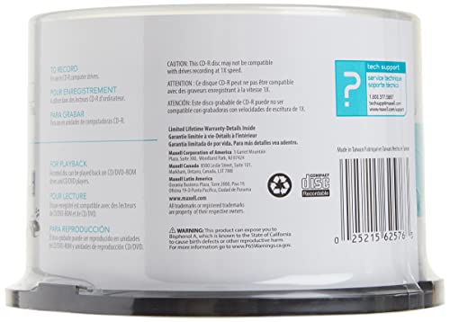 Maxell MAX648250 Branded CD Recordable Media, CD-R, 48x, 700 MB, 50 Pack Spindle for Most CD Recorders 40X Speed Certified Recording Silver