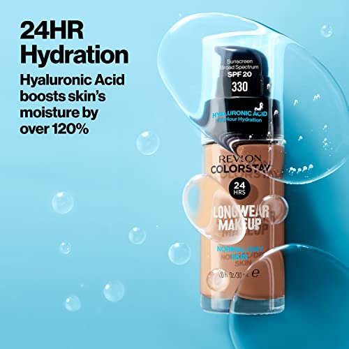 Liquid Foundation by Revlon, ColorStay Face Makeup for Normal and Dry Skin, SPF 20, Longwear Medium-Full Coverage with Natural Finish, Oil Free, 455 Honey Beige, 1 Fl Oz