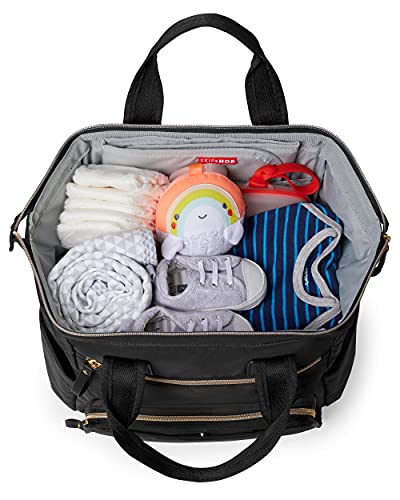 Skip Hop Diaper Bag Backpack: Mainframe Large Capacity Wide Open Structure with Changing Pad and Stroller Attachement, Black with Gold Trim