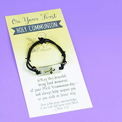 Black Stretch Bracelet with Silver Cross Charm - Gift for First Holy Communion, Baptism, Confirmation, or Christening, Religious Jewelry, One Size Fits Most