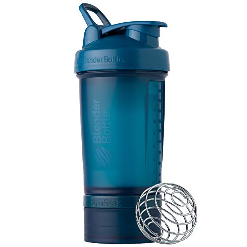 BlenderBottle Shaker Bottle with Pill Organizer and Storage for Protein Powder, ProStak System, 22-Ounce, Ocean Blue
