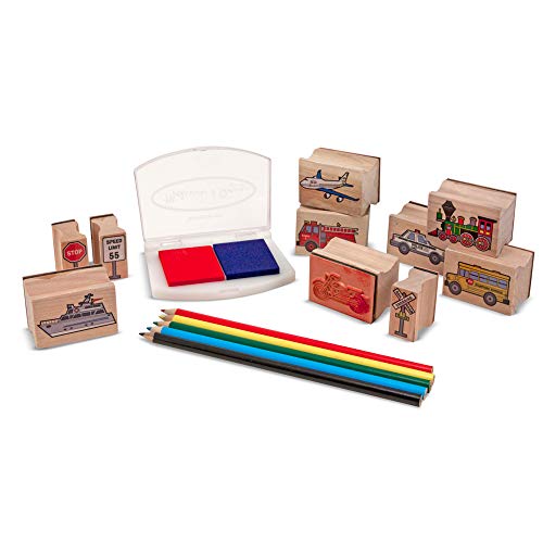 Melissa and Doug Wooden Stamp Set: Vehicles - 10 Stamps, 5 Colored Pencils, 2-Color Stamp Pad