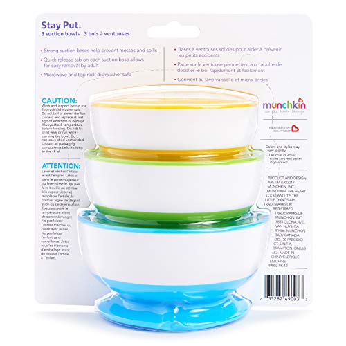 Munchkin® Stay Put™ Suction Bowls for Babies and Toddlers, 3 Pack, Blue/Green/Yellow