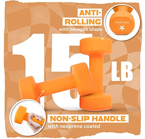 Yes4All Non-Slip, Hexagon Neoprene Dumbbells – 15lbs Neoprene Dumbbell Set for Muscle Toning, Strength Building, Weight Loss (Dark Orange - Pair)