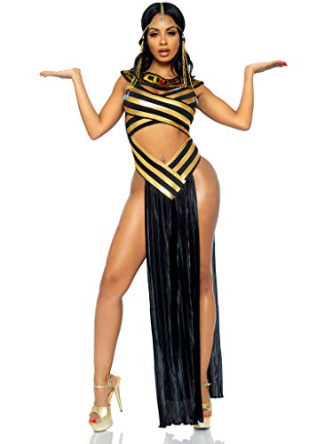Leg Avenue S 3 Piece Nile Queen Catsuit Costume Set-Sexy Egyptian Halloween Dress Bodysuit with Headpiece for Women, Gold/Black, Small