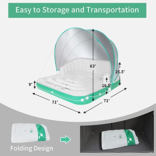 YUSING Inflatable Pool Floats, 2-3 Person Giant Pool Float Lounger with UPF50 Retractable Canopy and Cup Holder for Adults and Kids, Floating Island for Indoor and Outdoor