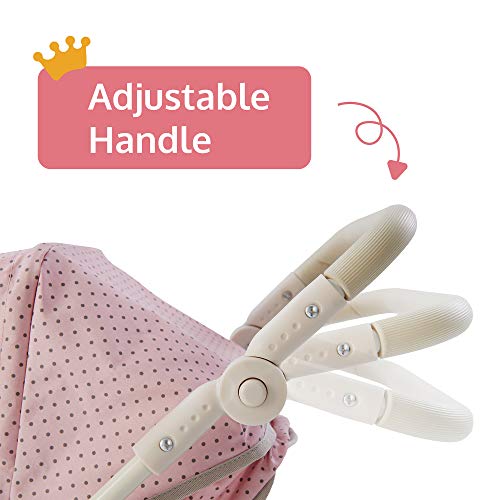 Olivia's Little World Baby Doll Stroller Polka Dots Princess Collection, Convertible Doll Pram with Storage Basket for 18' Dolls, Pink and Gray