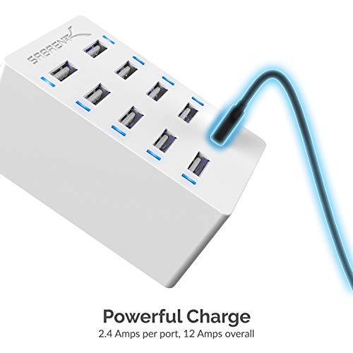 SABRENT 60 Watt (12 Amp) 10 Port [UL Certified] Family Sized Desktop USB Rapid Charger. Smart USB Charger with Auto Detect Technology [White] (AX-TPCS-W)