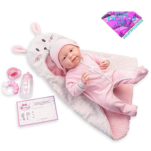 JC Toys - La Newborn Nursery | 8 Piece Bunting Soft Body Baby Doll Gift Set | 15.5' Life-Like Soft and Posable Newborn Doll with Accessories | Pink Bunny| Ages 2+ (18789)