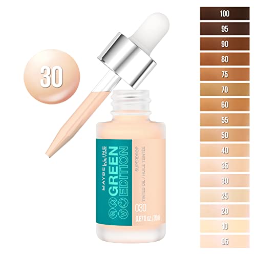 Maybelline Green Edition Superdrop Tinted Oil Base Makeup, Adjustable Natural Coverage Foundation Formulated With Jojoba and Marula Oil, 30, 1 Count