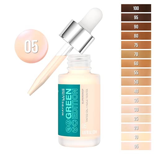 Maybelline Green Edition Superdrop Tinted Oil Base Makeup, Adjustable Natural Coverage Foundation Formulated With Jojoba and Marula Oil, 05, 1 Count