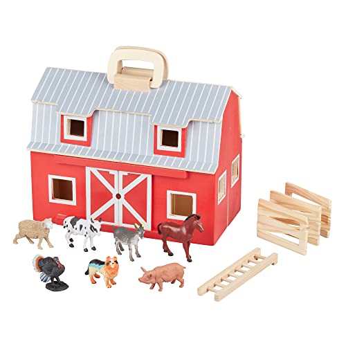 Melissa and Doug Fold and Go Wooden Barn With 7 Animal Play Figures - Farm Animals Portable Toys For Kids And Toddlers Ages 3+