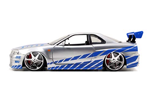 Jada Toys Fast and Furious Brian’s 2002 Nissan Skyline R34 Die-cast Car, 1:24 Scale, Silver and Blue
