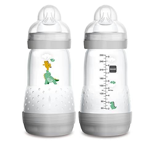 MAM Easy Start Anti-Colic Bottle and Baby Essentials and Medium Flow Bottles with Silicone Nipple and Unisex Baby Bottles and Designs May Vary, 9oz (Pack of 2)