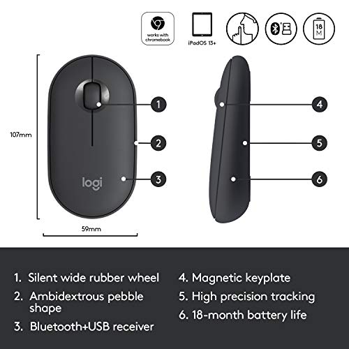 Logitech Pebble Wireless Mouse with Bluetooth or 2.4 GHz Receiver, Silent, Slim Computer Mouse with Quiet Clicks, for Laptop/Notebook/iPad/PC/Mac/Chromebook - Graphite