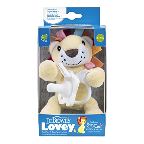 Dr. Brown's Baby Lovey Pacifier Holder and Teether Clip, Lion with White HappyPaci, 100% Silicone, 0-6m