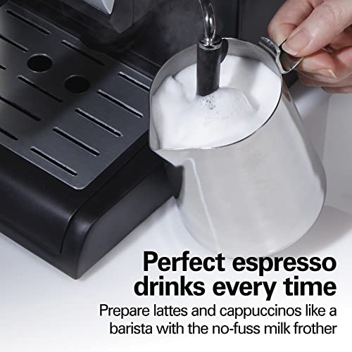 Hamilton Beach 15 Bar Espresso Machine, Cappuccino, Mocha, and Latte Maker, with Milk Frother, Make 2 Cups Simultaneously, Works with Pods or Ground Coffee, 50 oz. Water Reservoir, Black