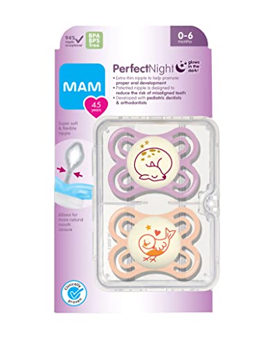 MAM Perfect Night Baby Pacifier, Patented Nipple, Glows in the Dark, 0-6 Months, Girl, 2 Count (Pack of 1)